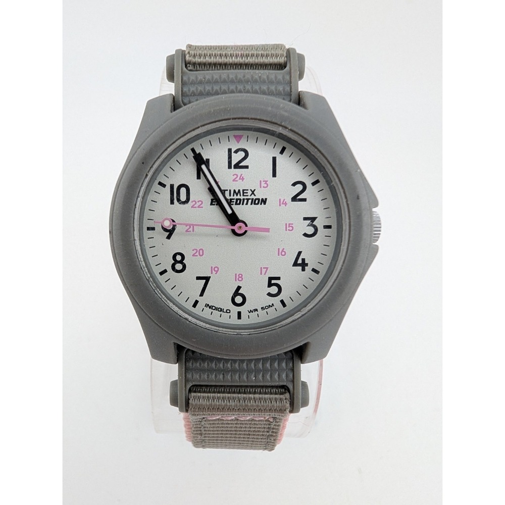 Timex Expedition Women's Watch 32mm Case Gray/Pink Canvas Band- New Battery